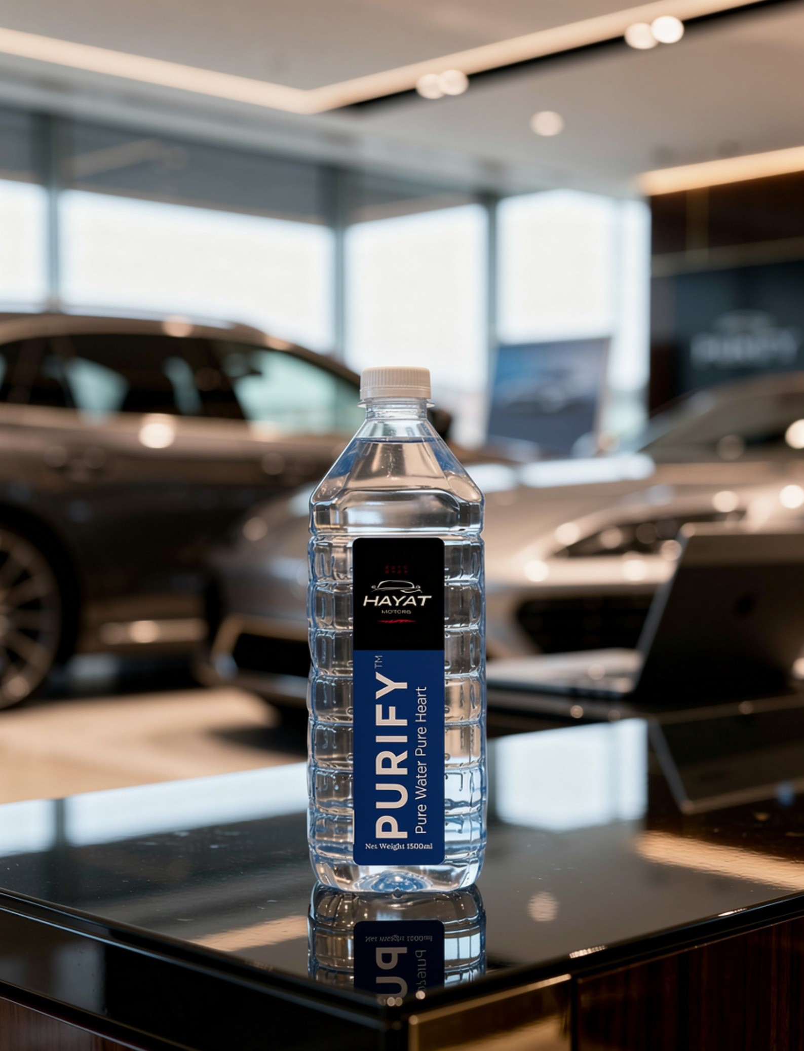 Premium water bottles on hotel table