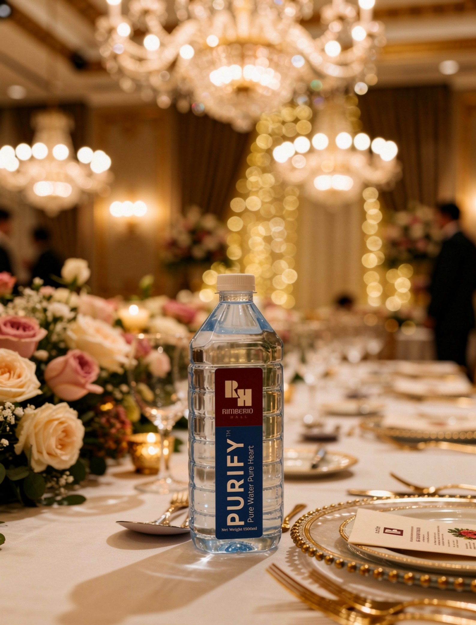 Restaurant branded water bottle on dining table